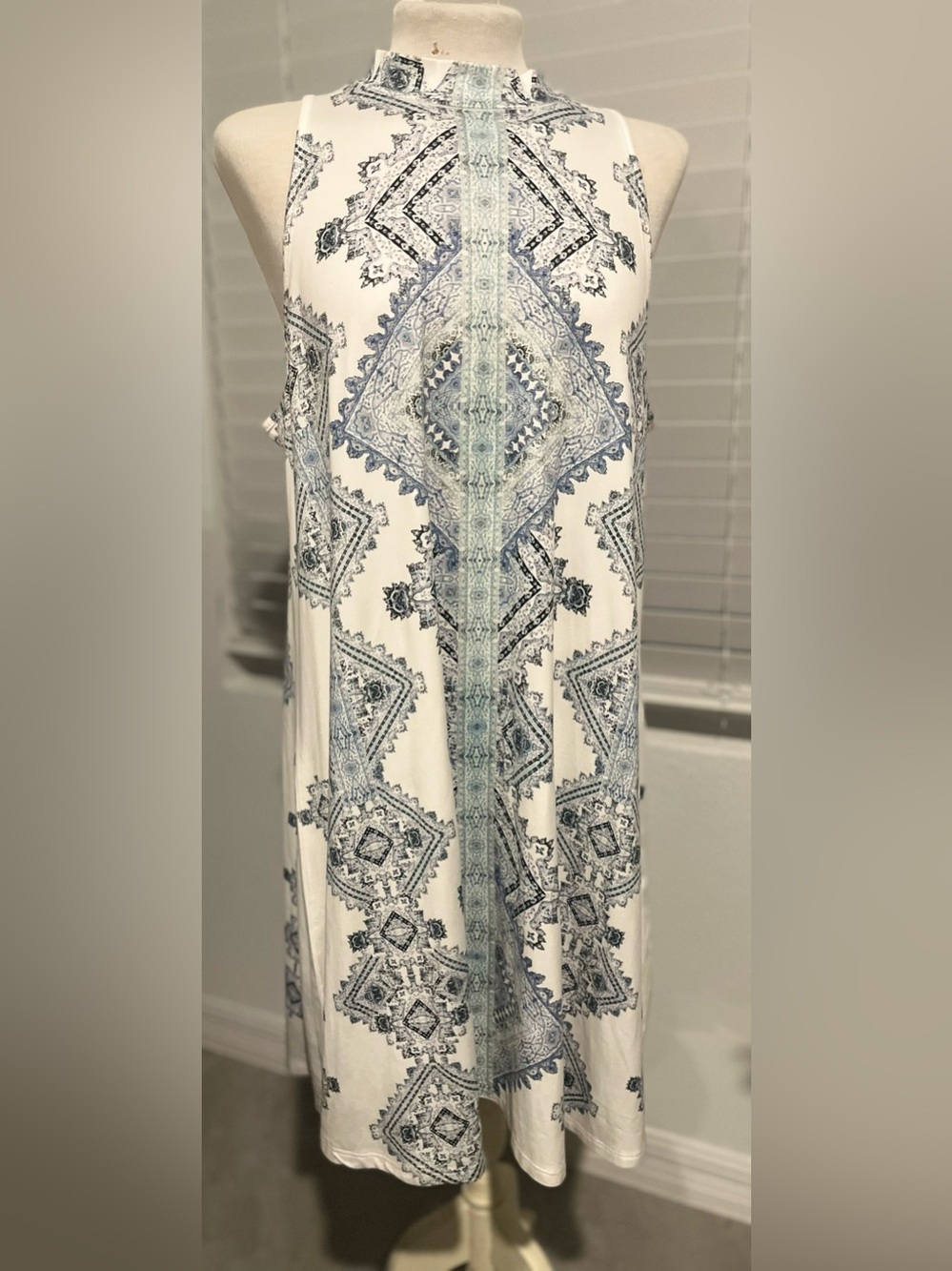 Altar'd State White Midi Dress with Blue Geometric Diamond Pattern Print